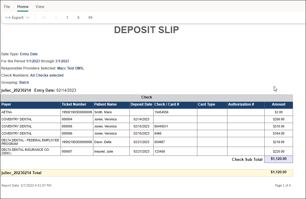 Sample Deposit Slip details report